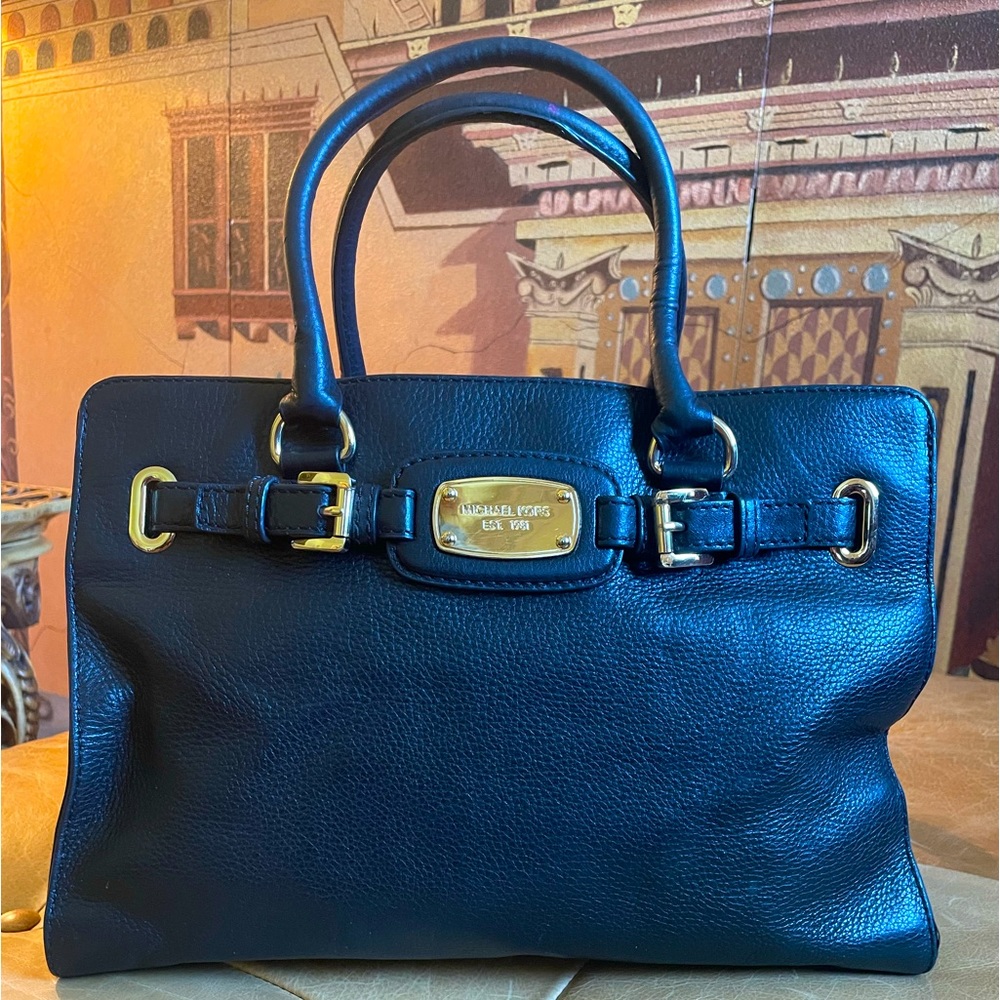 MICHAEL KORS LARGE BLACK LEATHER SATCHEL GOLD HARDWARE